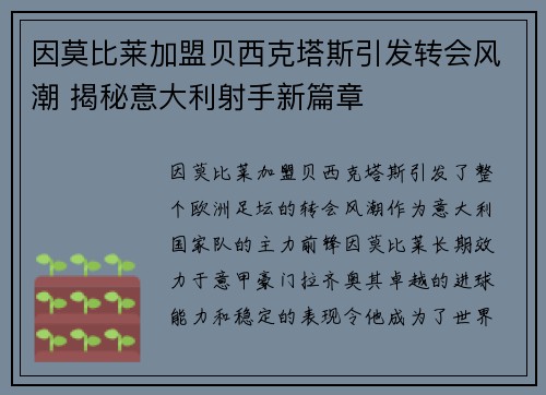 因莫比莱加盟贝西克塔斯引发转会风潮 揭秘意大利射手新篇章