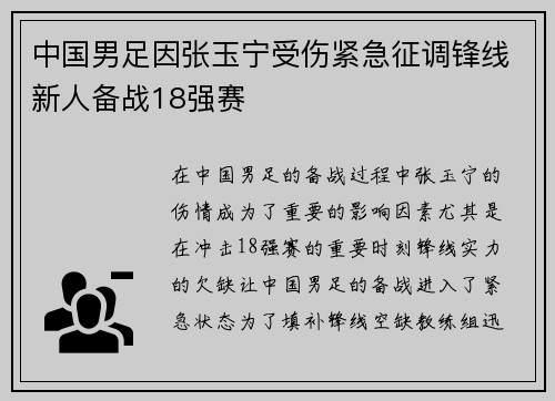 中国男足因张玉宁受伤紧急征调锋线新人备战18强赛